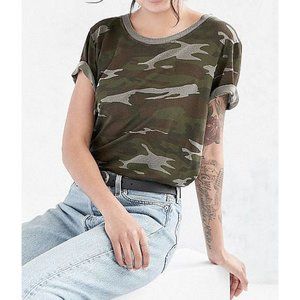 Urban Outfitters Marnie Camo T-Shirt Olive Green Gray Distressed Destroyed Top S